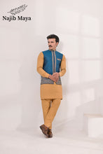 Load image into Gallery viewer, Blue Embroidery + Handwork Waist Coat &amp; Golden Kurta Pajama For Men&#39;s