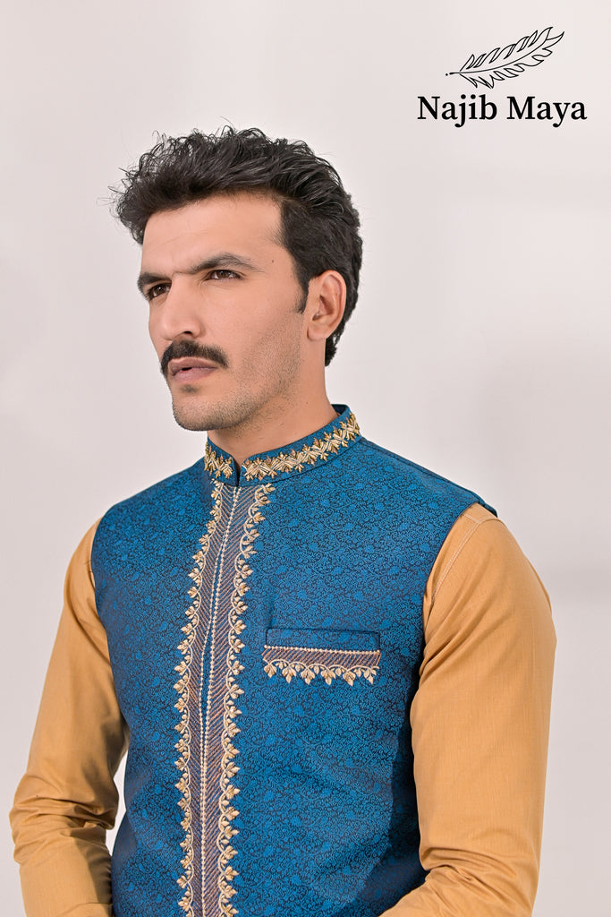 Blue Embroidery + Handwork Waist Coat & Golden Kurta Pajama For Men's