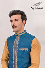 Load image into Gallery viewer, Blue Embroidery + Handwork Waist Coat &amp; Golden Kurta Pajama For Men&#39;s