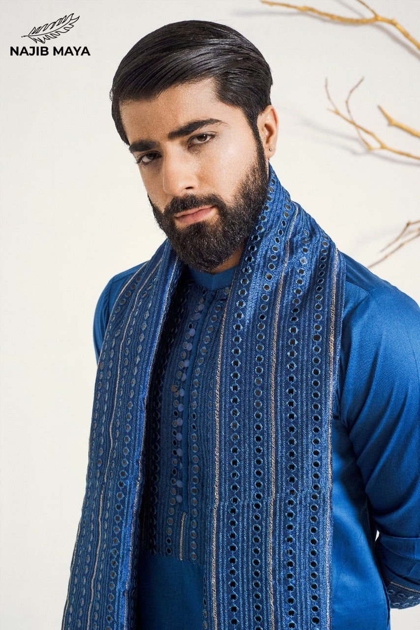 Till Blue Stylish Kurta Pajama + Shawl For Men's