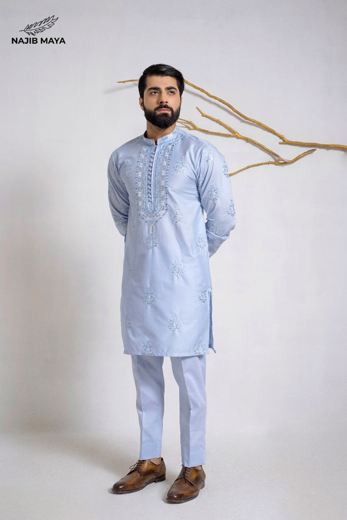 Ice Blue Stylish Embroidered Kurta Pajama For Men's