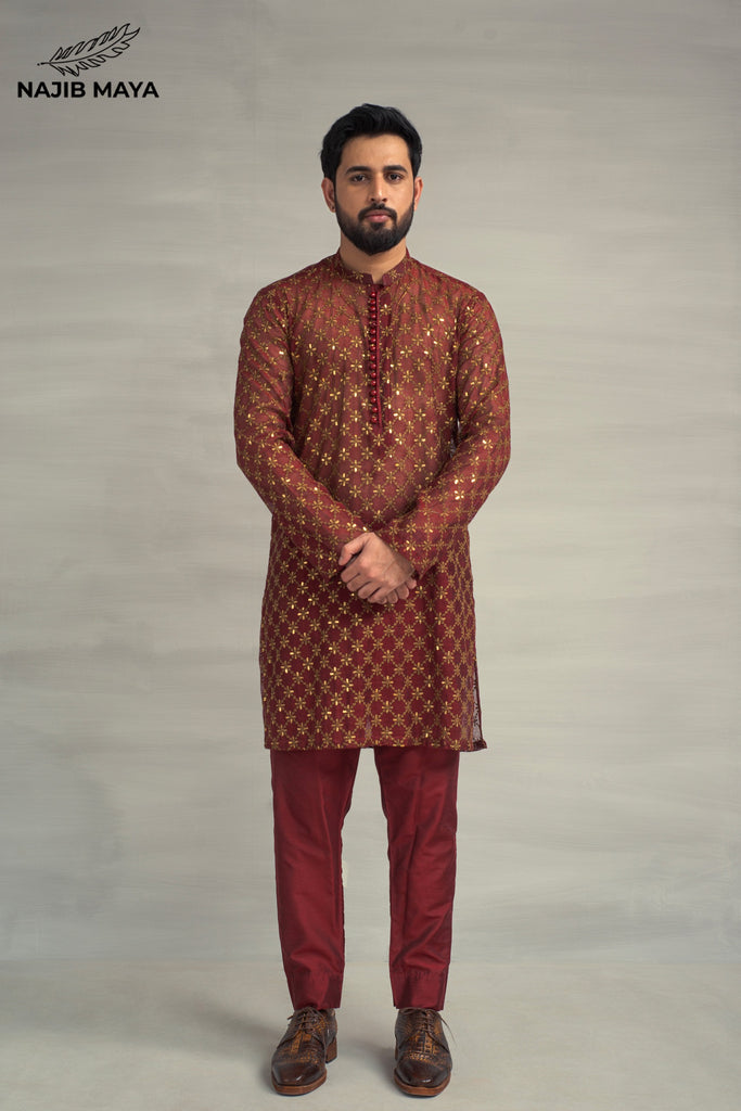 Maroon Golden Embroidery Sequence Kurta Pajama For Men's