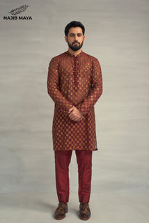 Maroon Golden Embroidery Sequence Kurta Pajama For Men's