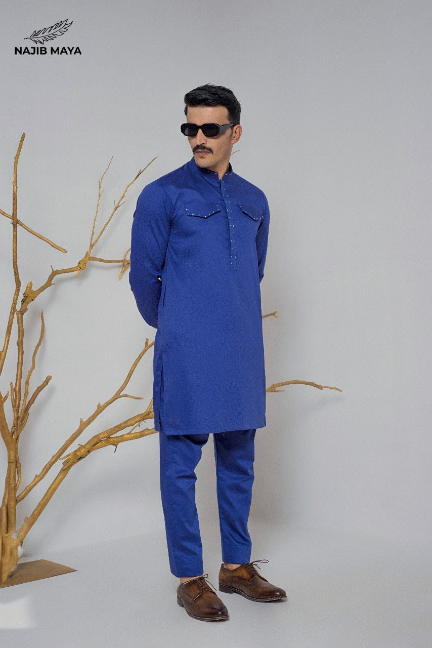 Royal Blue Pocket Style Kurta Pajama For Men's Main image