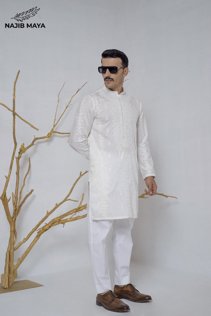 White Stylish Embroidery Kurta Pajama For Men's