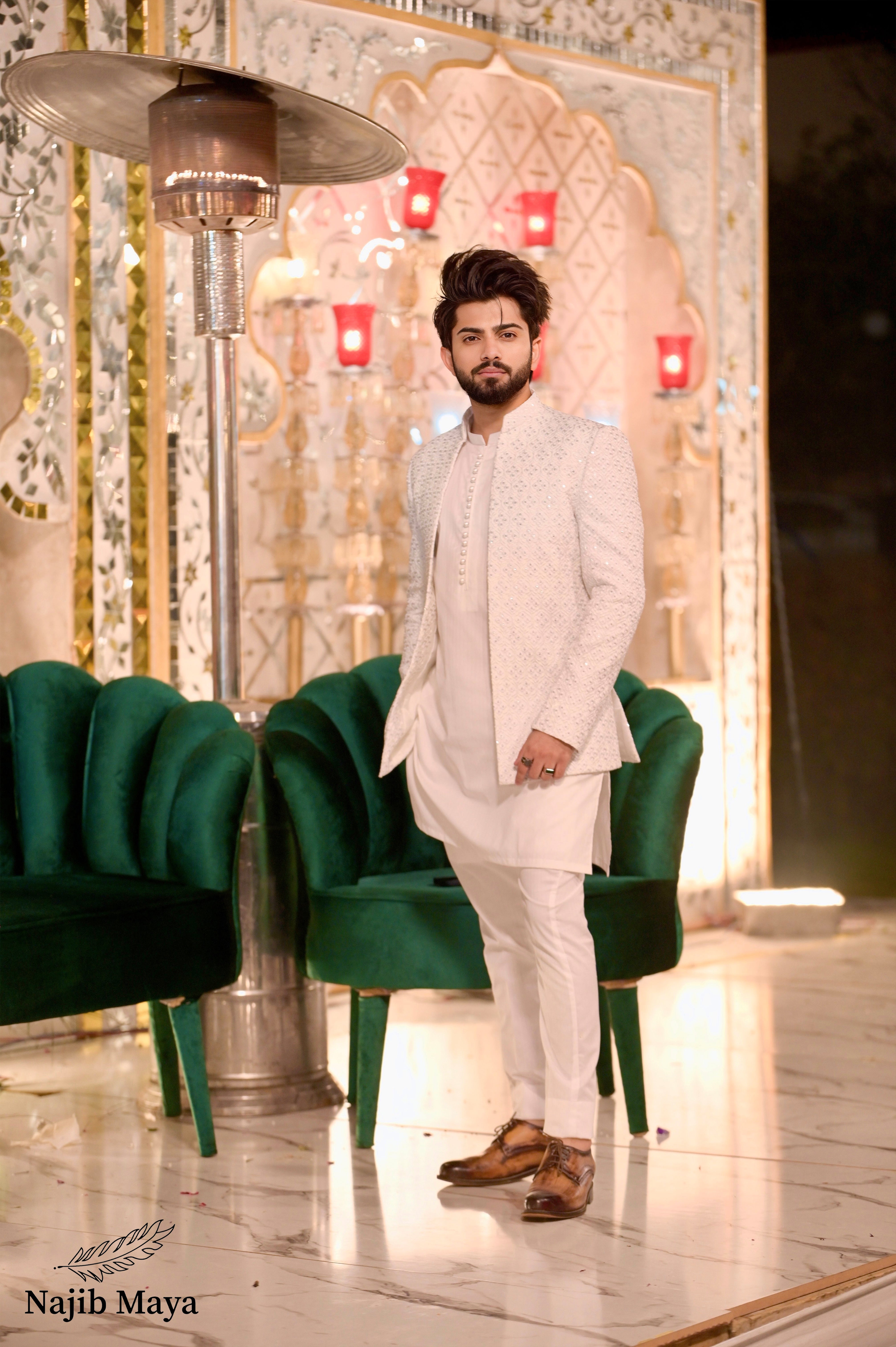 White Embroidery Prince Coat + White Kurta Pajama For Men's Main image