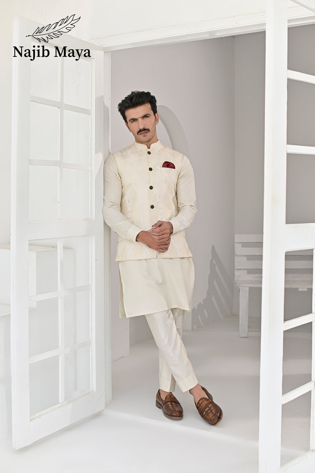 Cream Embroidery Waist Coat & Cream Kurta Pajama For Men's