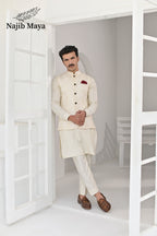 Cream Embroidery Waist Coat & Cream Kurta Pajama For Men's