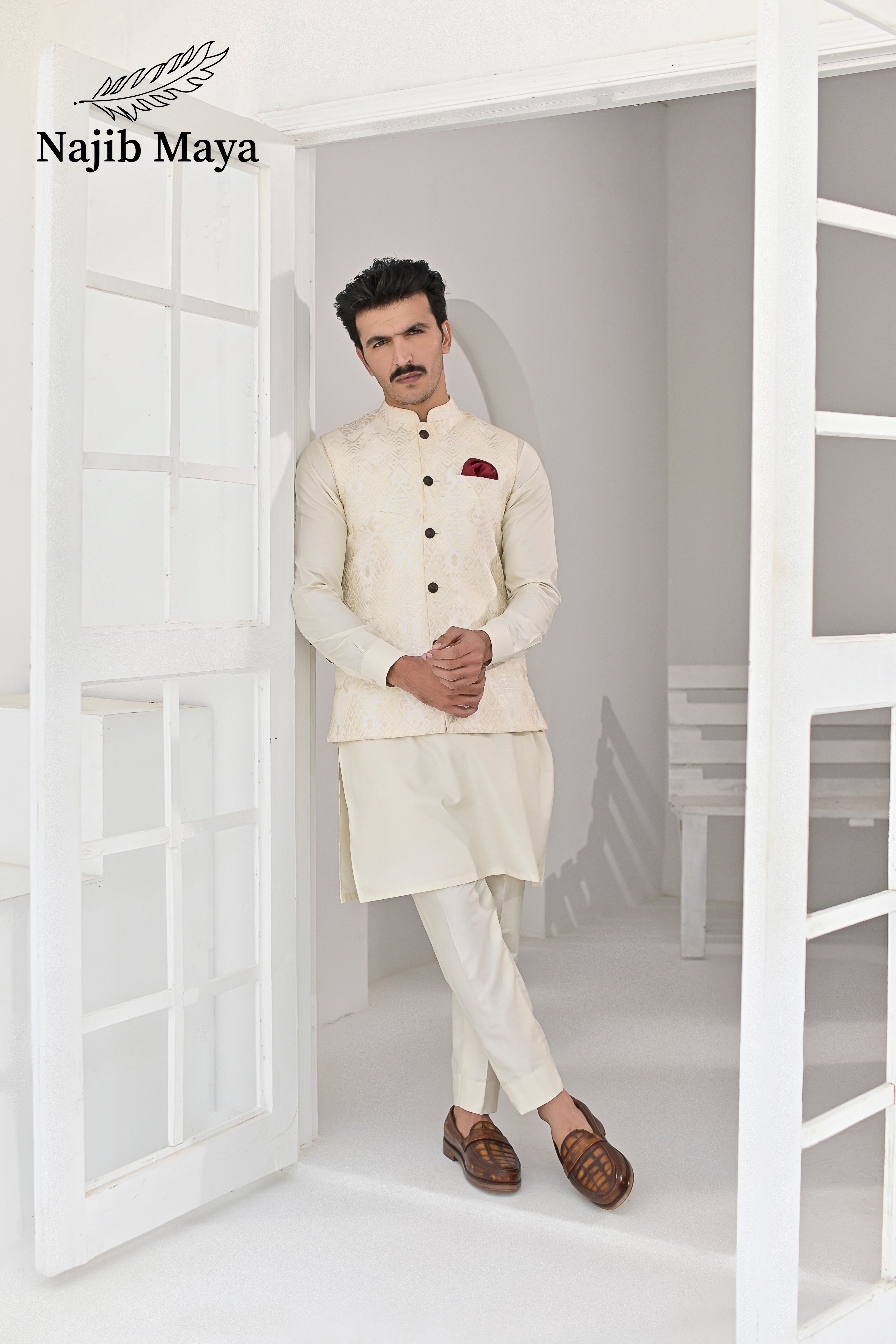 Cream Embroidery Waist Coat & Cream Kurta Pajama For Men's