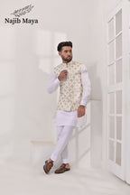 White Golden Embroidery Waist Coat & White Kurta Pajama For Men's