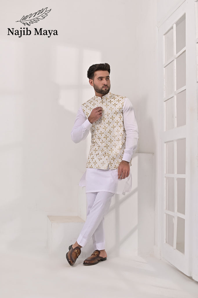 White Golden Embroidery Waist Coat & White Kurta Pajama For Men's