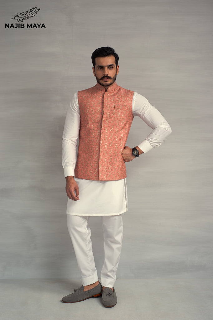 Powder Pink Embroidery Waistcoat + White Kurta Pajama For Men's