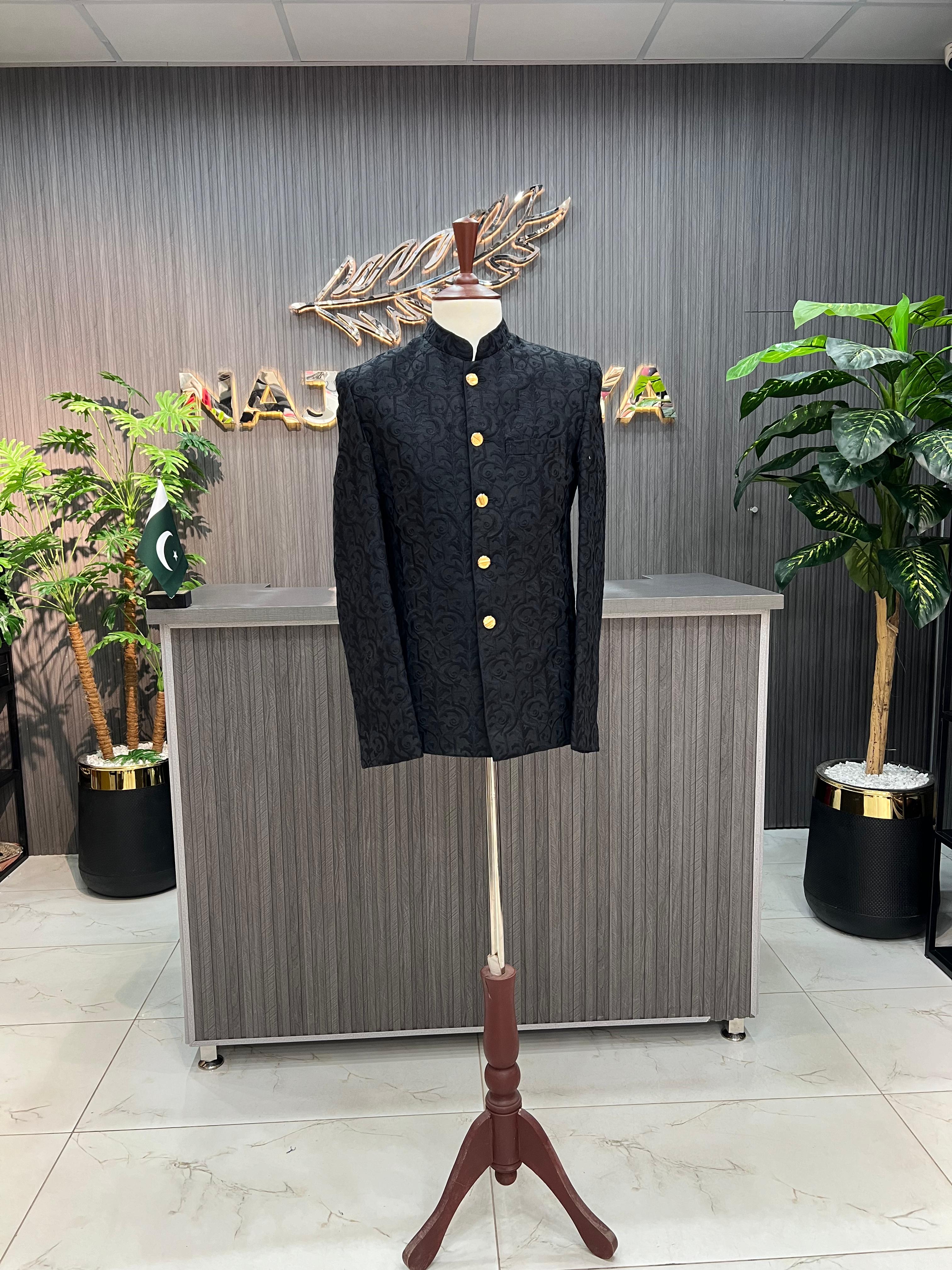 Black Elegant Embroidered Prince Coat For Men's Main image