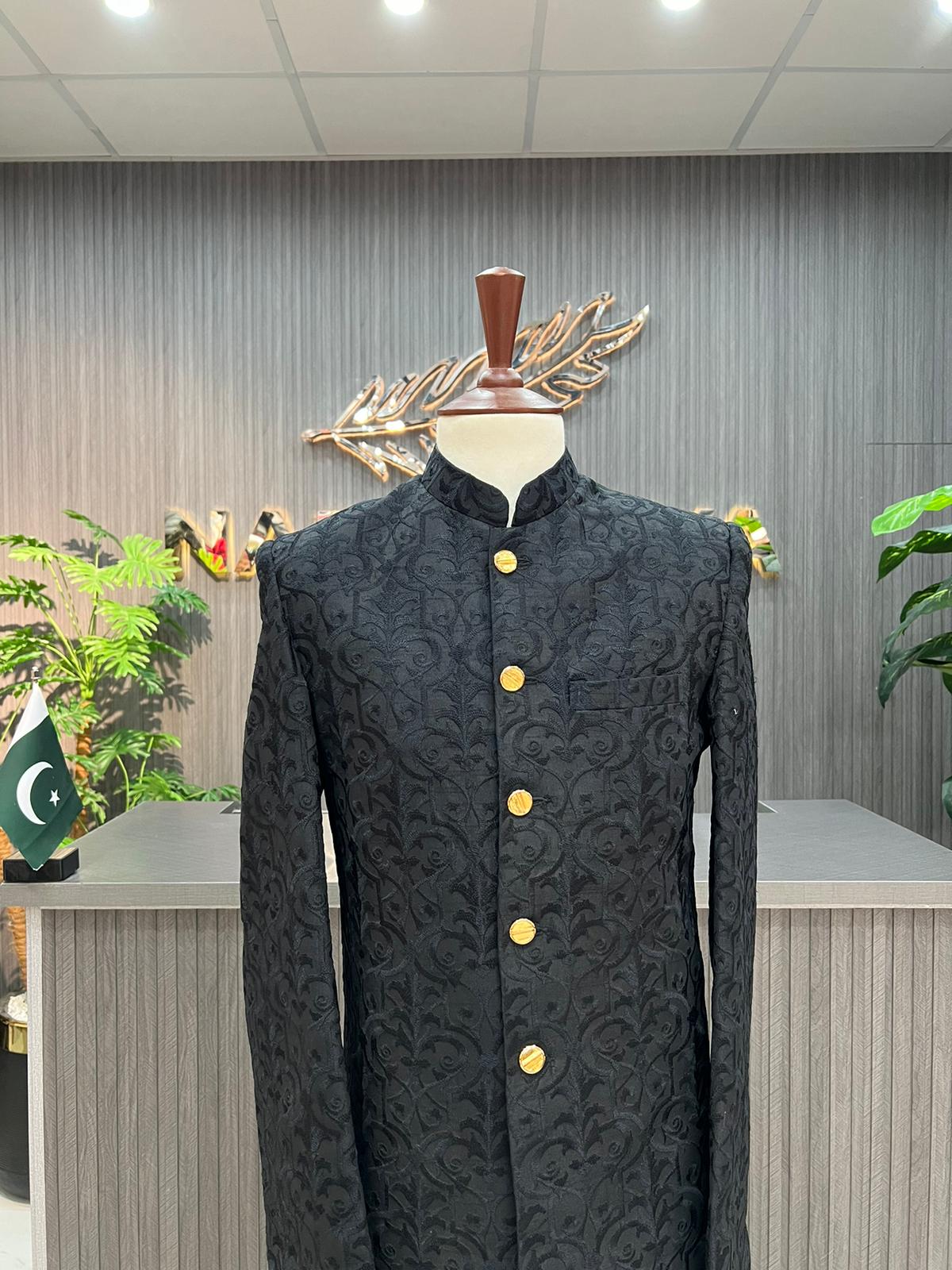Black Elegant Embroidered Prince Coat For Men's