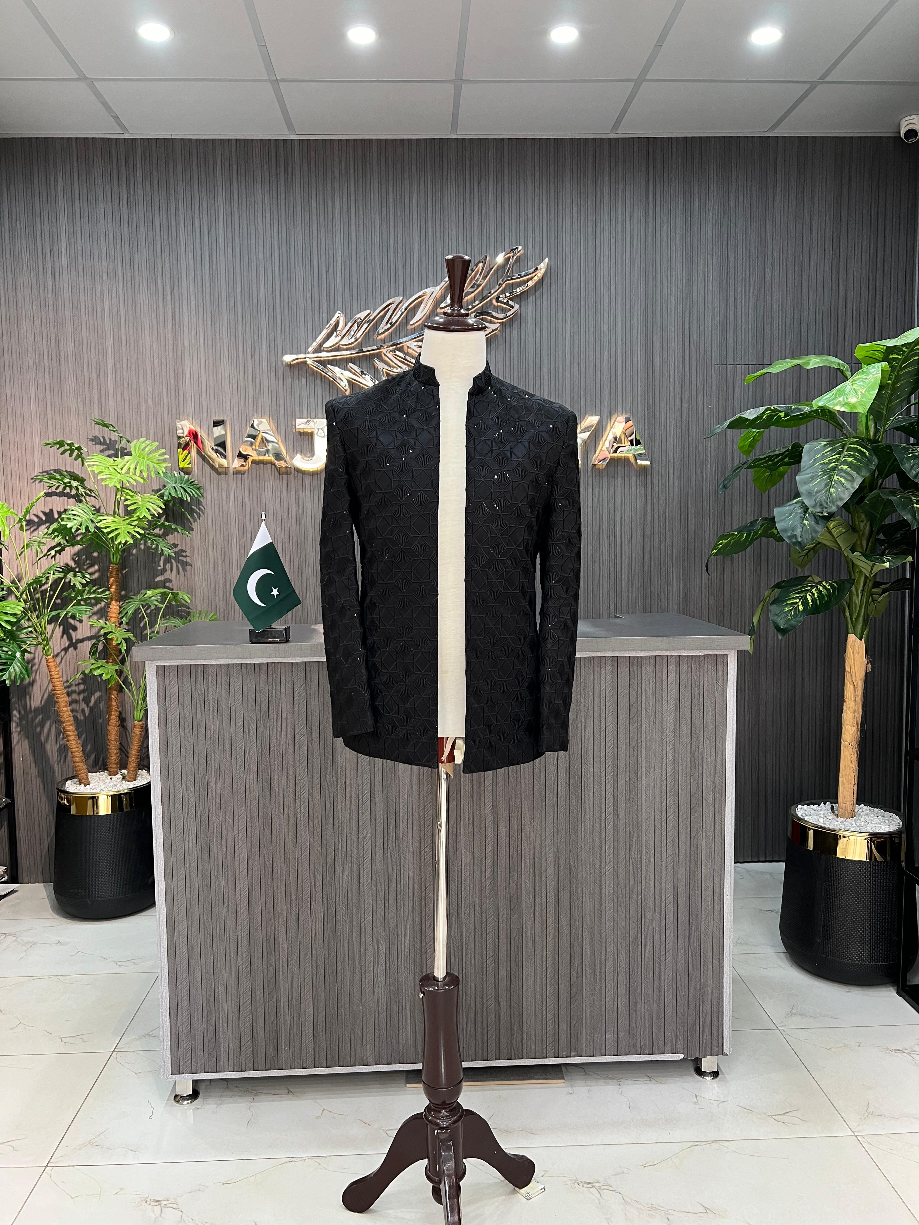 Black Embroidered Prince Coat For Men's Main image