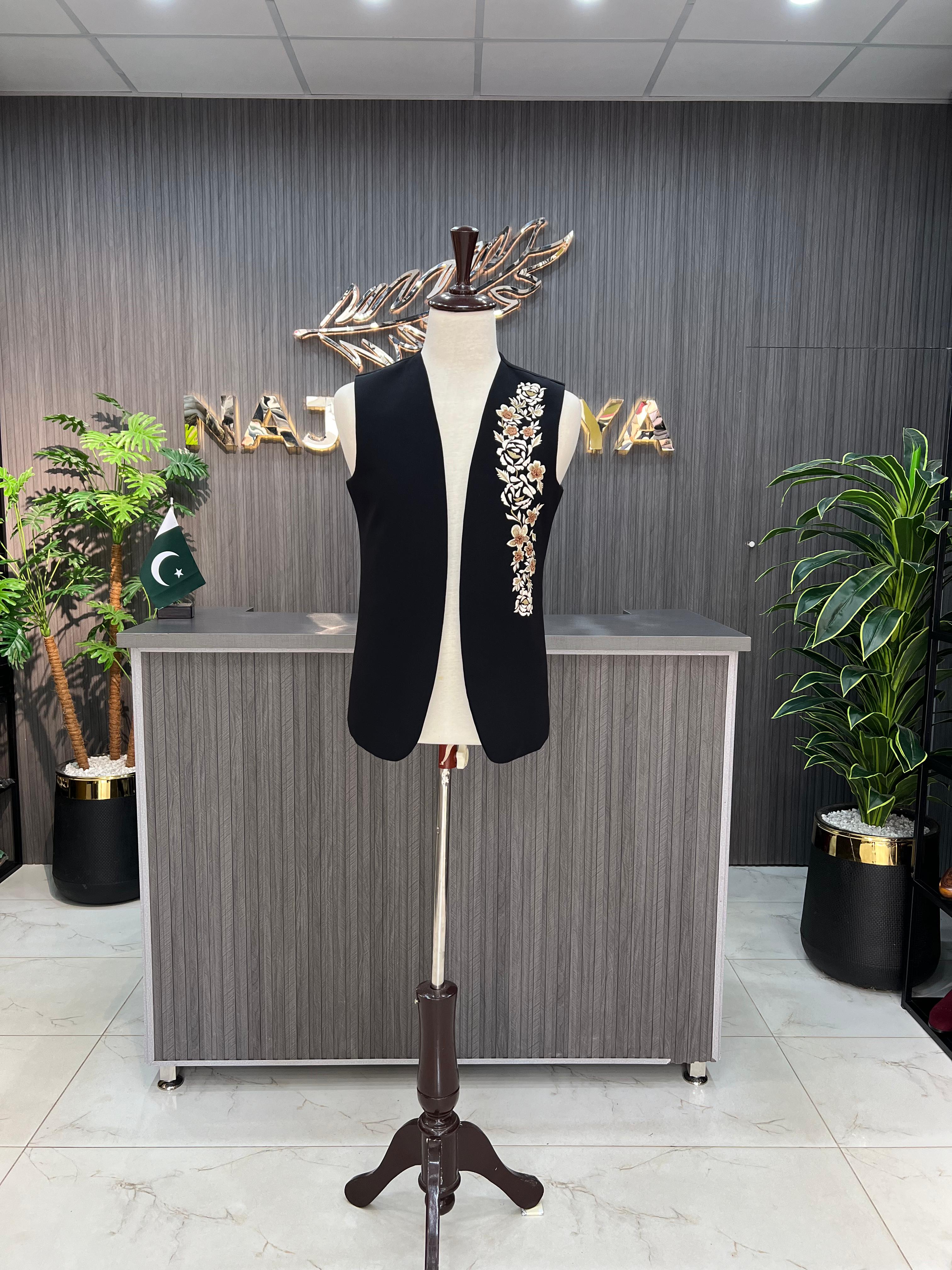 Black Embroidered Waistcoat For Men's Main image