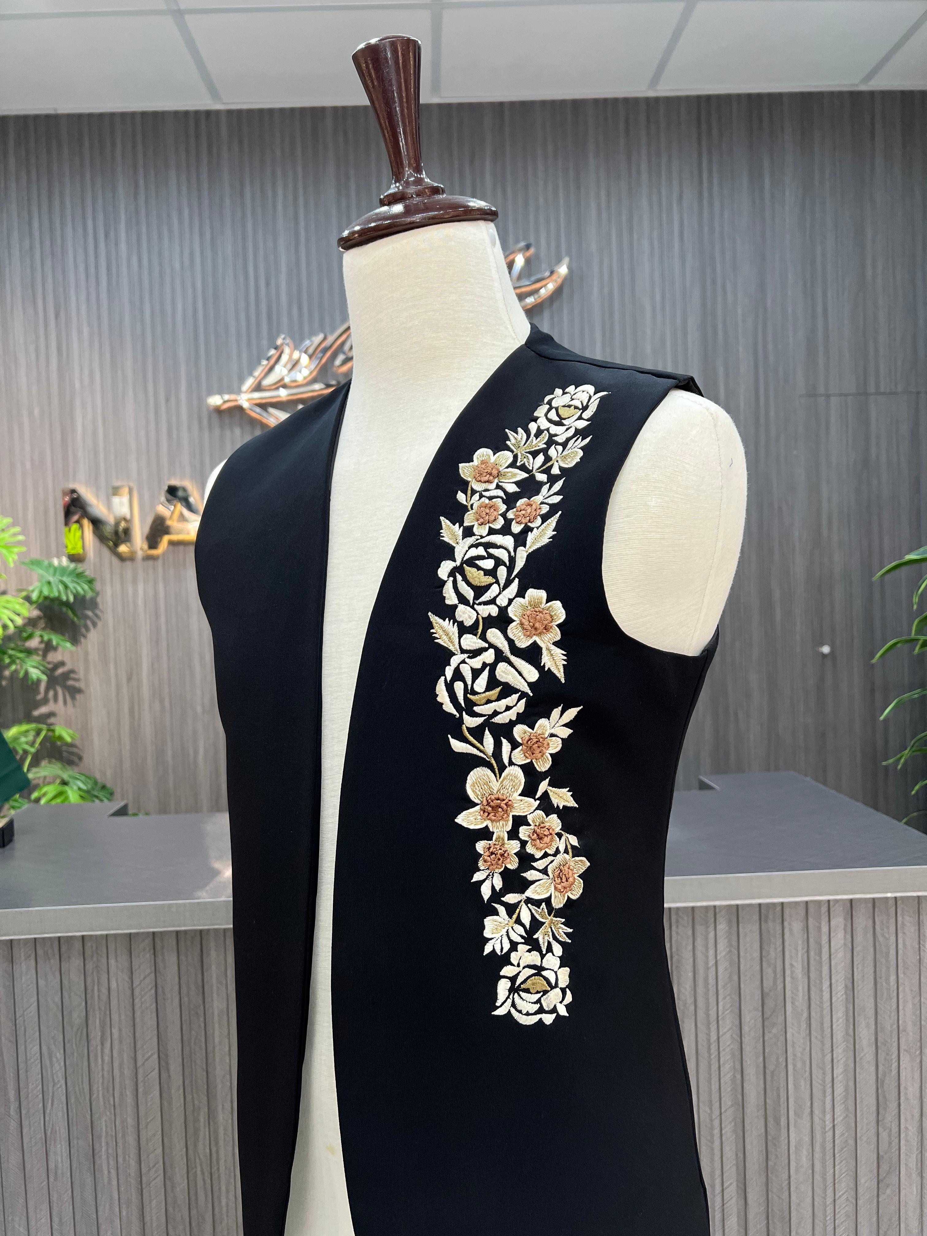 Black Embroidered Waistcoat For Men's