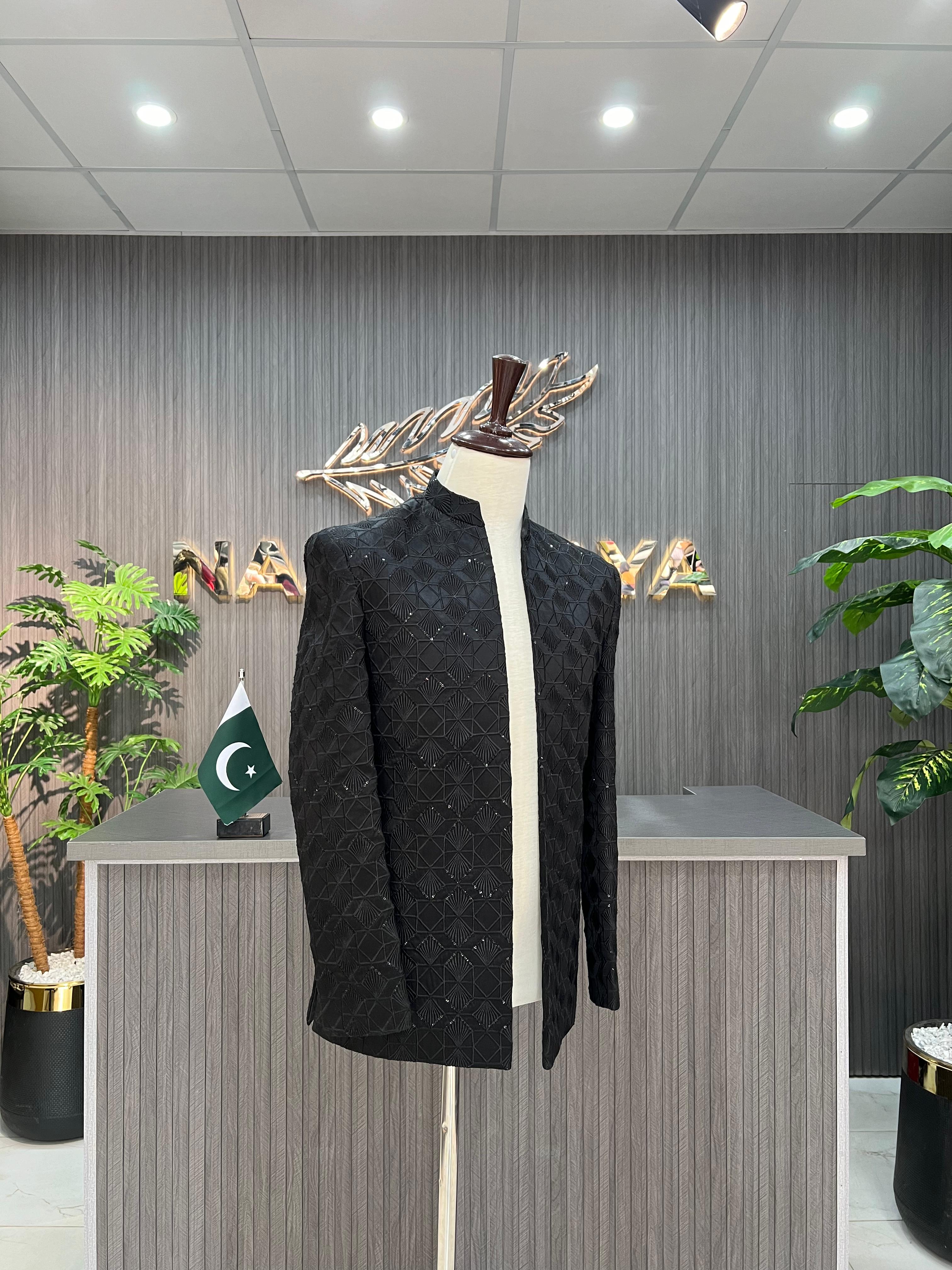 Black Embroidered Prince Coat For Men's