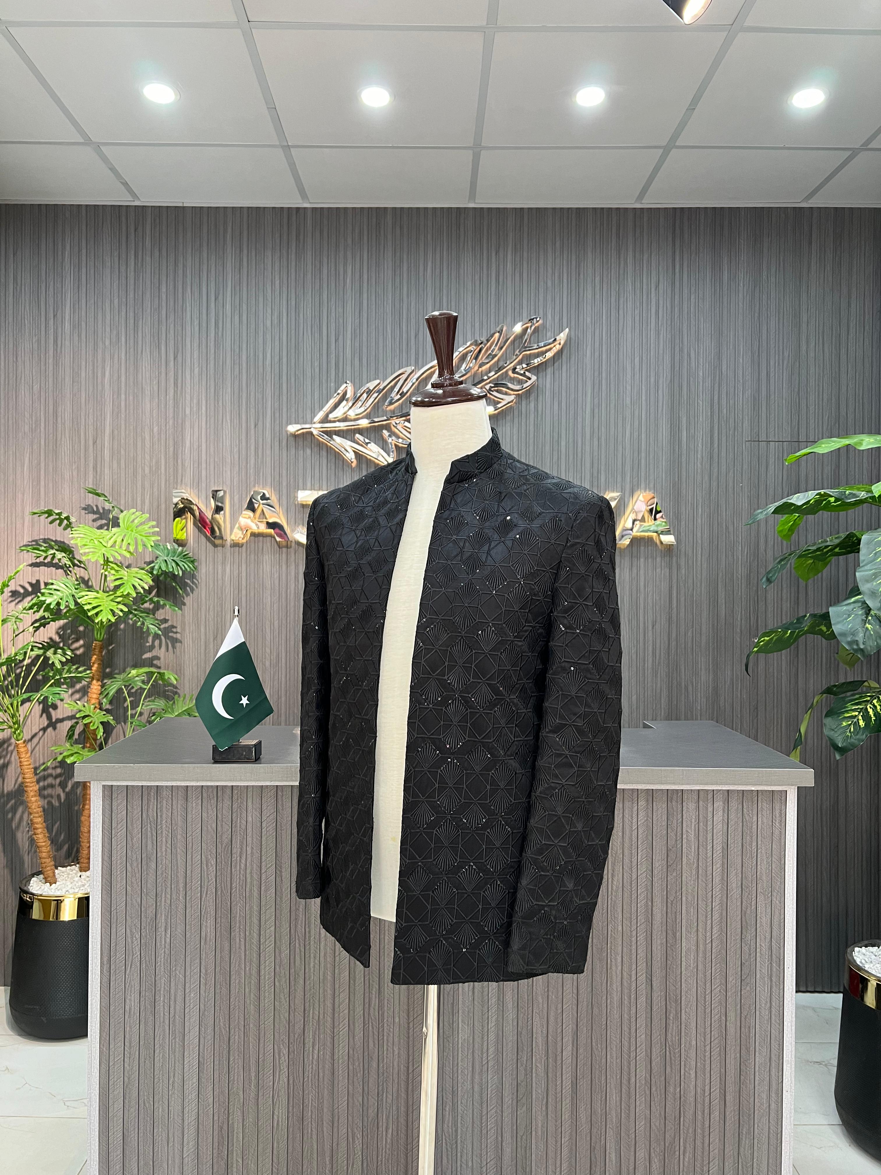 Black Embroidered Prince Coat For Men's