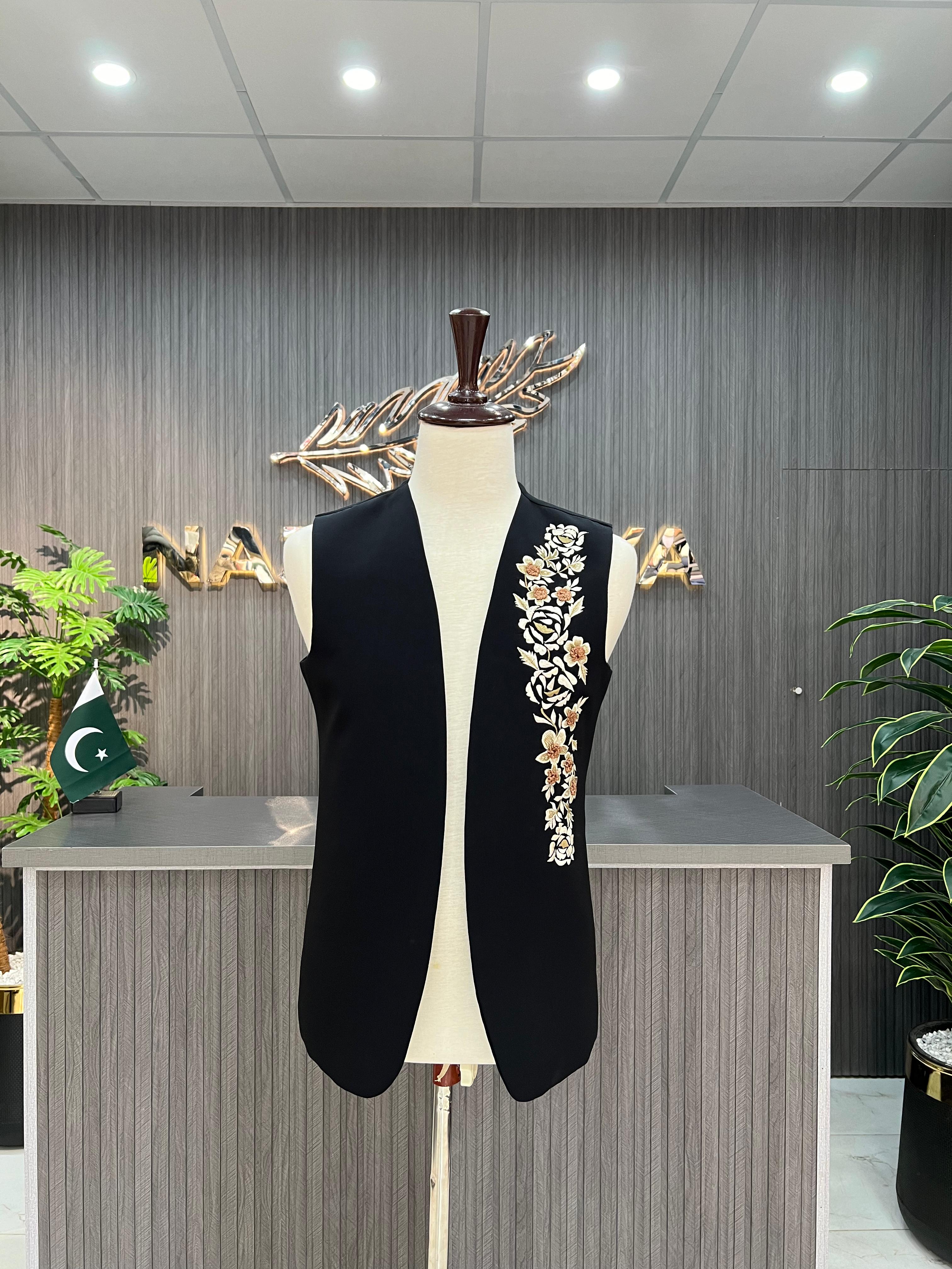 Black Embroidered Waistcoat For Men's Secondary image