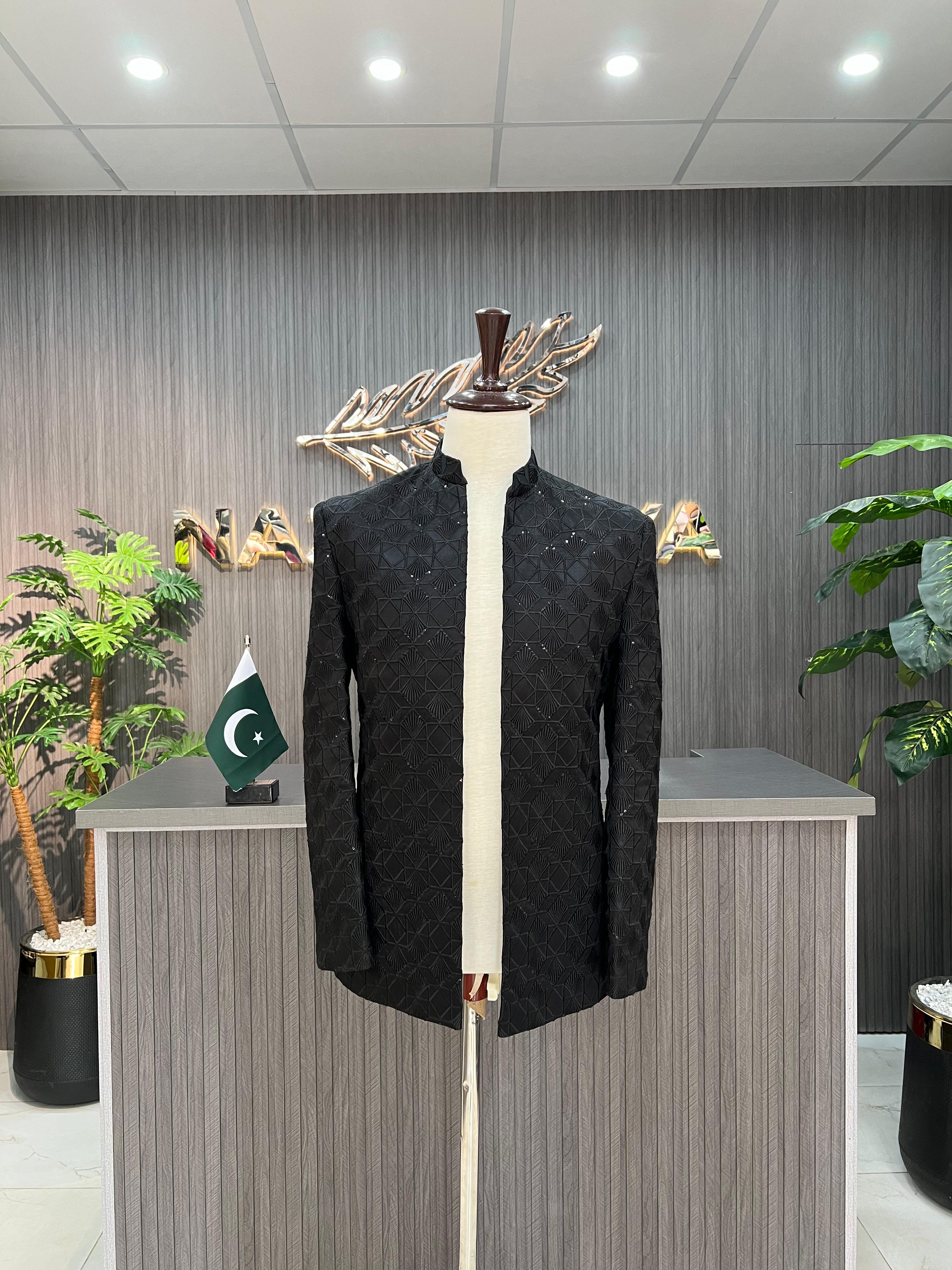 Black Embroidered Prince Coat For Men's Secondary image