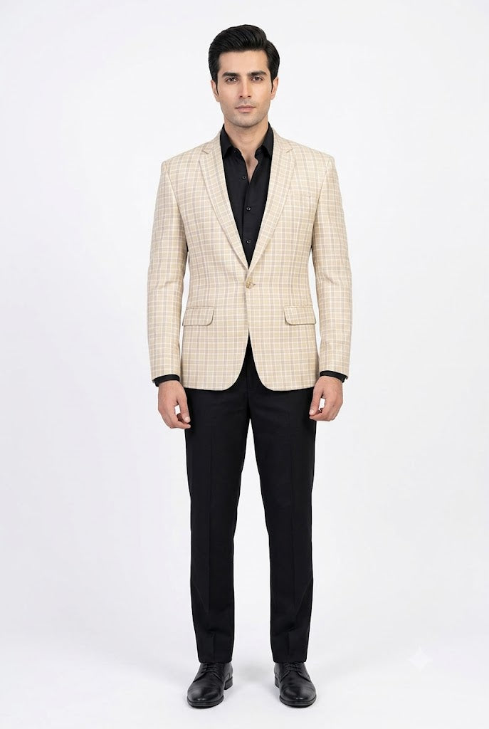 Beige Cheque Casual Coat For Men's Main image