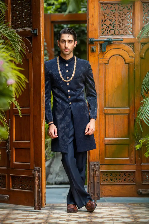 Blue Self Sherwani with Bottom Main image