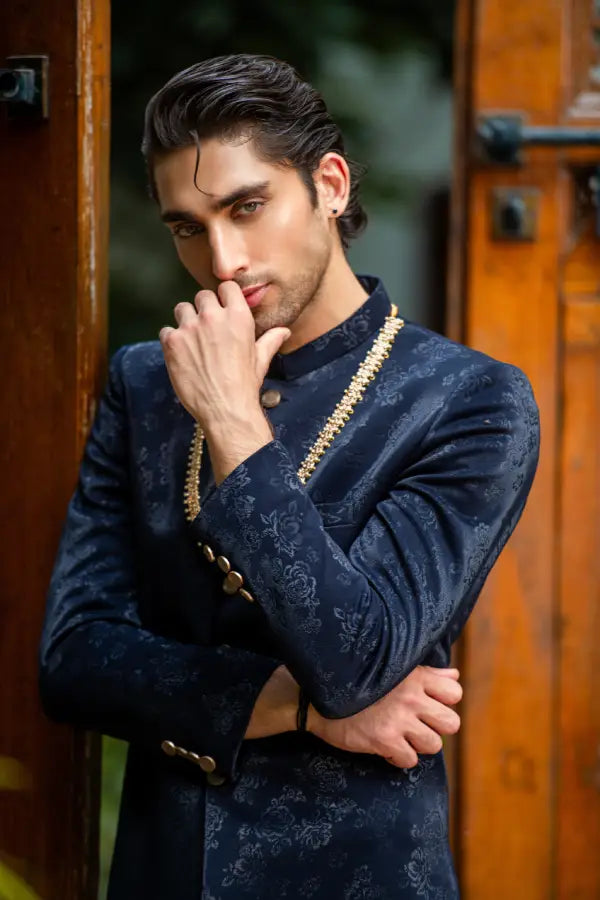 Blue Self Sherwani with Bottom