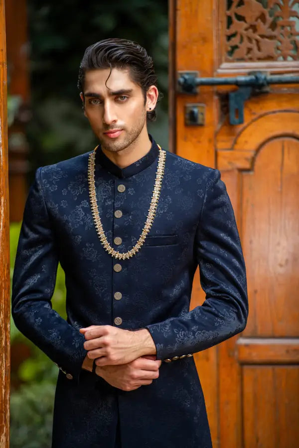 Blue Self Sherwani with Bottom