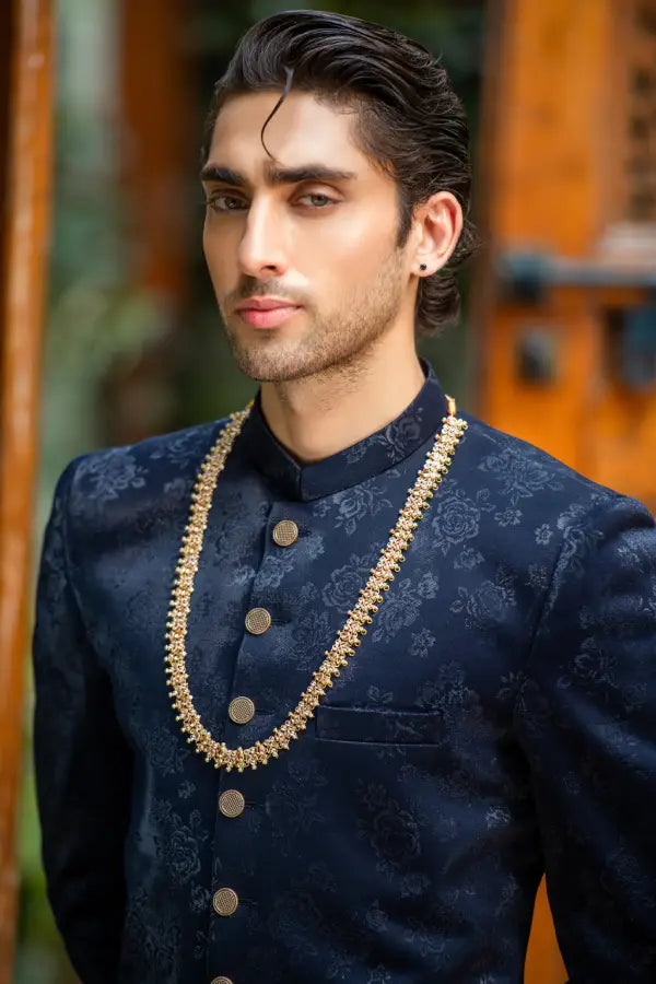 Blue Self Sherwani with Bottom Secondary image