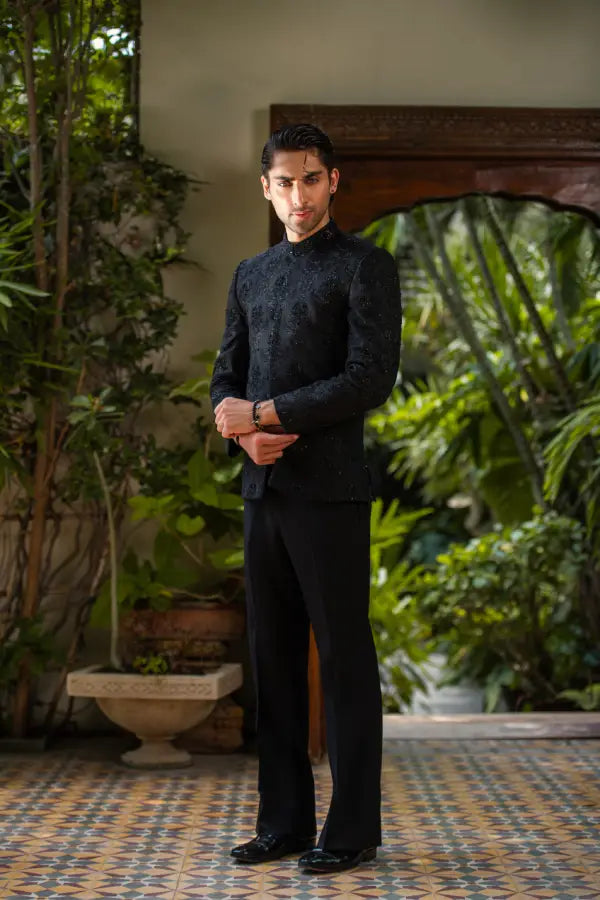 Black Handwork Embroidered Prince Coat with Classic Pant Main image