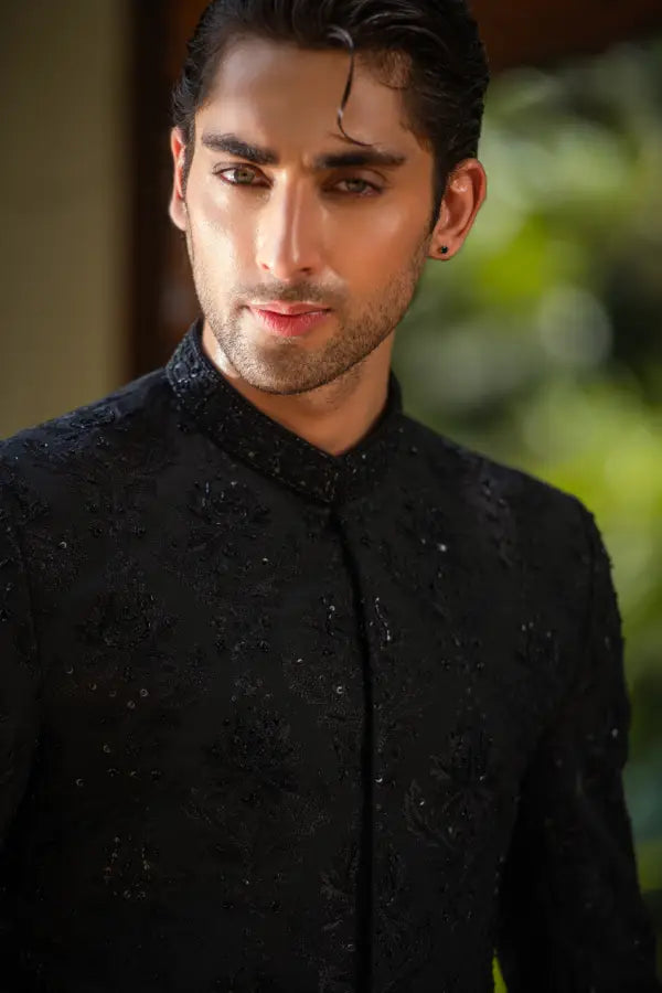 Black Handwork Embroidered Prince Coat with Classic Pant