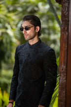 Black Handwork Embroidered Prince Coat with Classic Pant