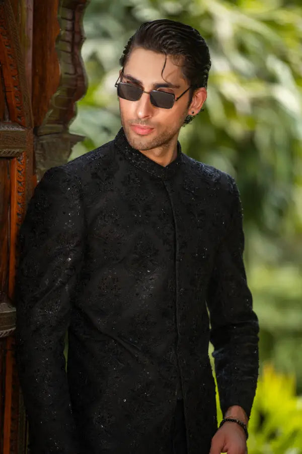 Black Handwork Embroidered Prince Coat with Classic Pant Secondary image