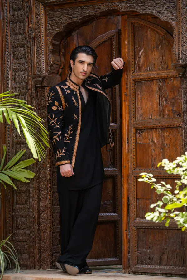 Black Handwork Prince Coat with Kurta & Bell Bottom Main image