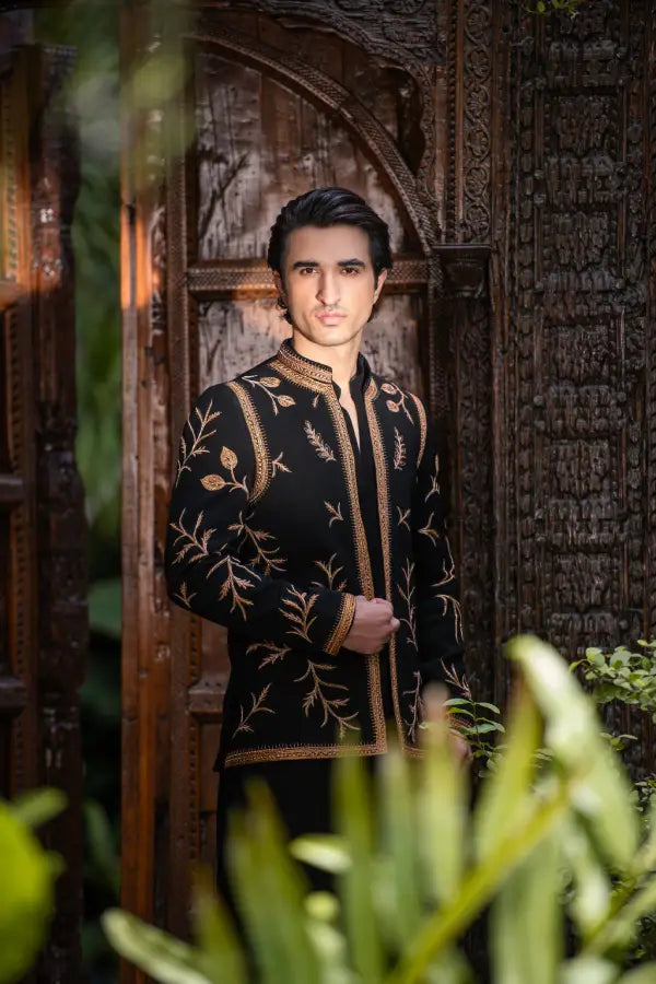 Black Handwork Prince Coat with Kurta & Bell Bottom