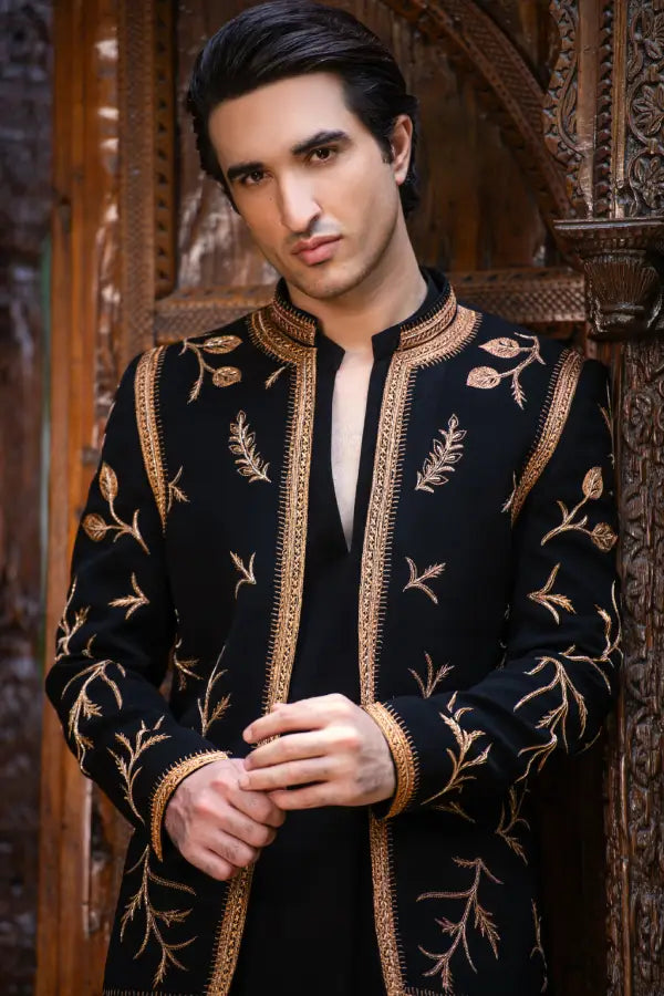 Black Handwork Prince Coat with Kurta & Bell Bottom Secondary image