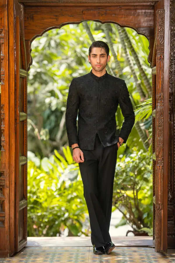 Black Handwork Embroidered Prince Coat with Classic Pant