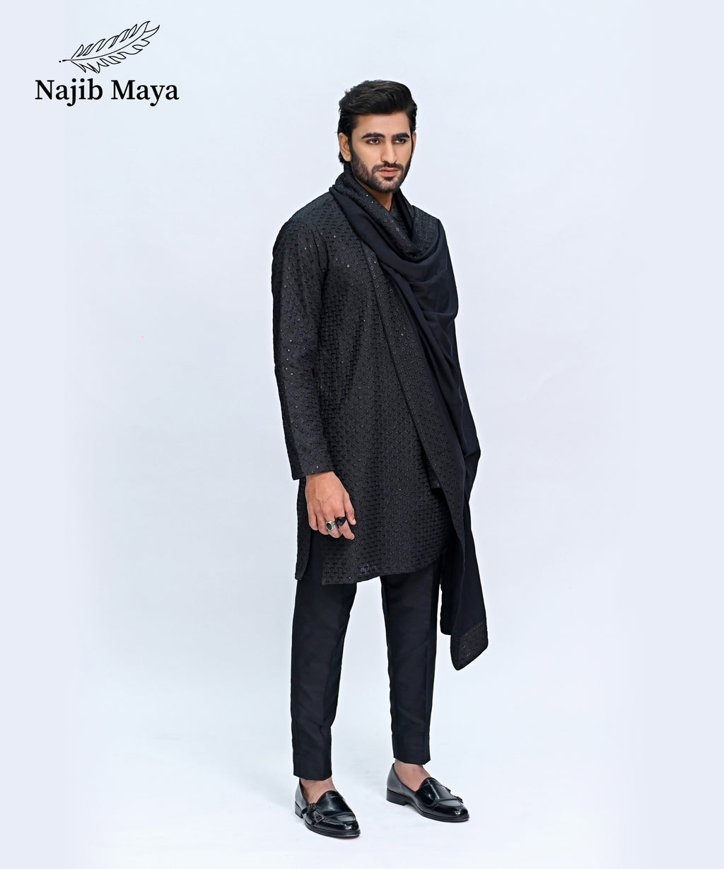Black Embroidery Kurta Pajama + Shawl For Men's