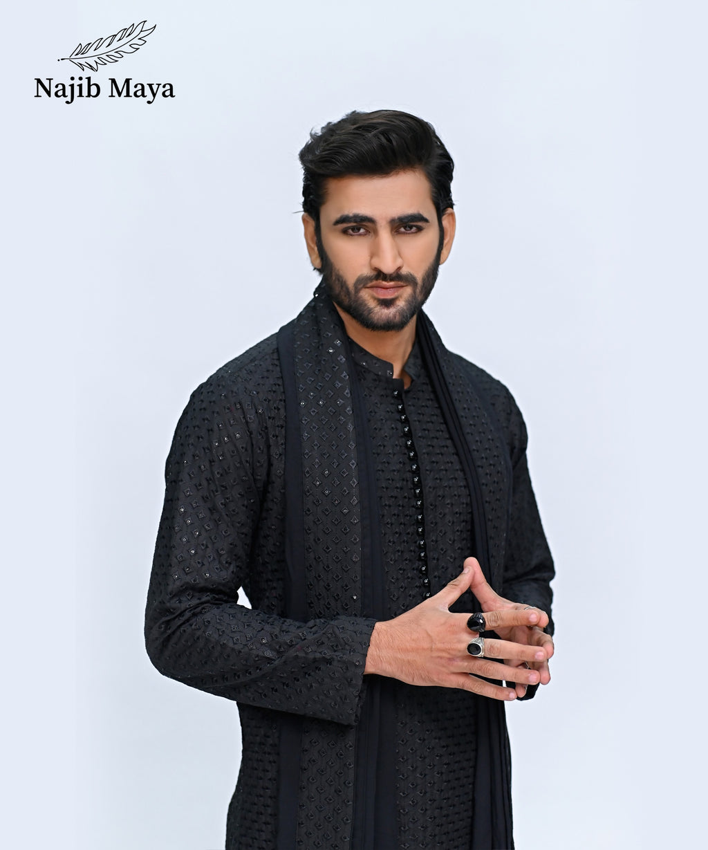 Black Embroidery Kurta Pajama + Shawl For Men's