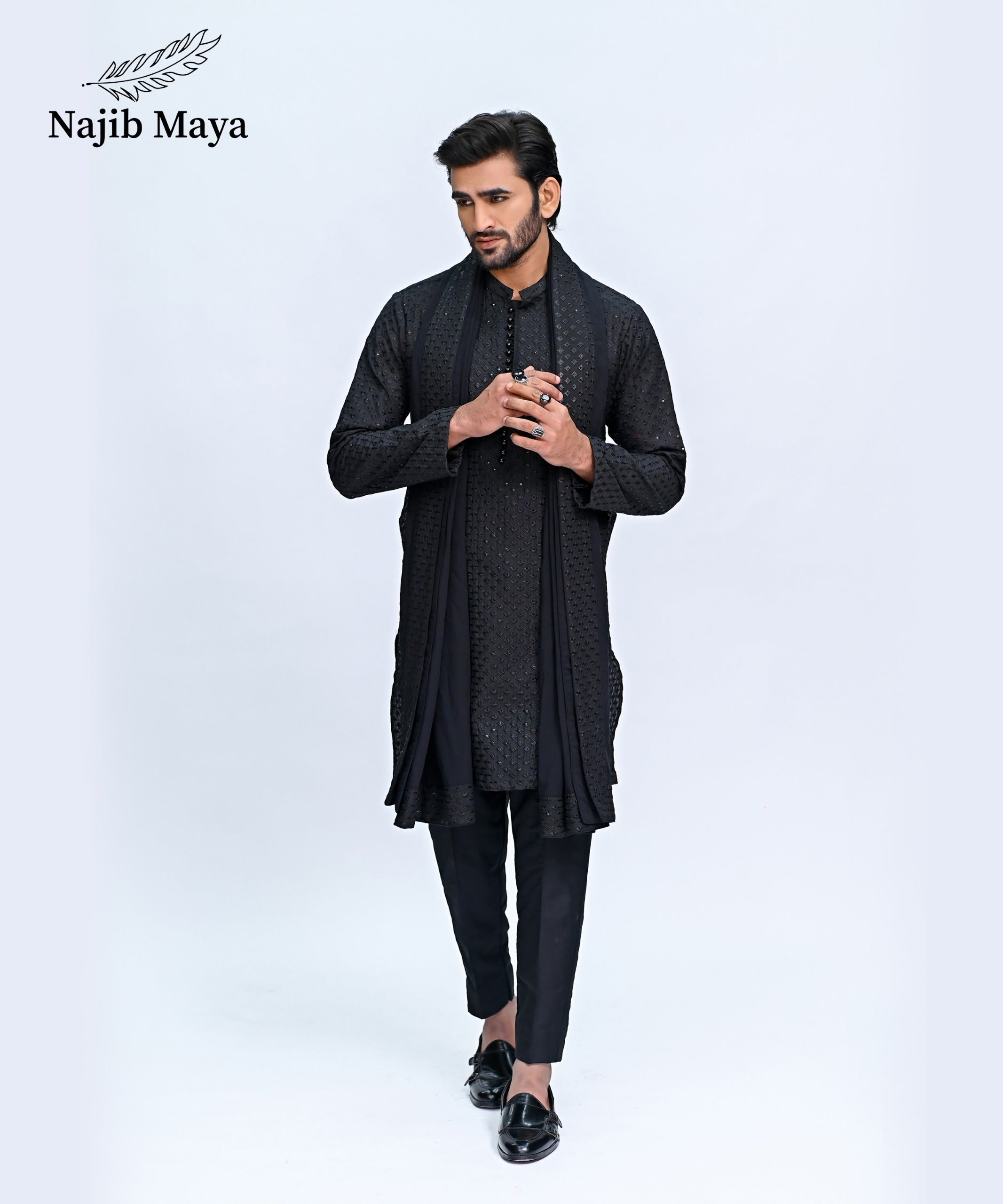 Black Embroidery Kurta Pajama + Shawl For Men's Main image