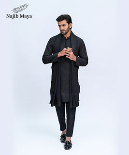 Black Embroidery Kurta Pajama + Shawl For Men's