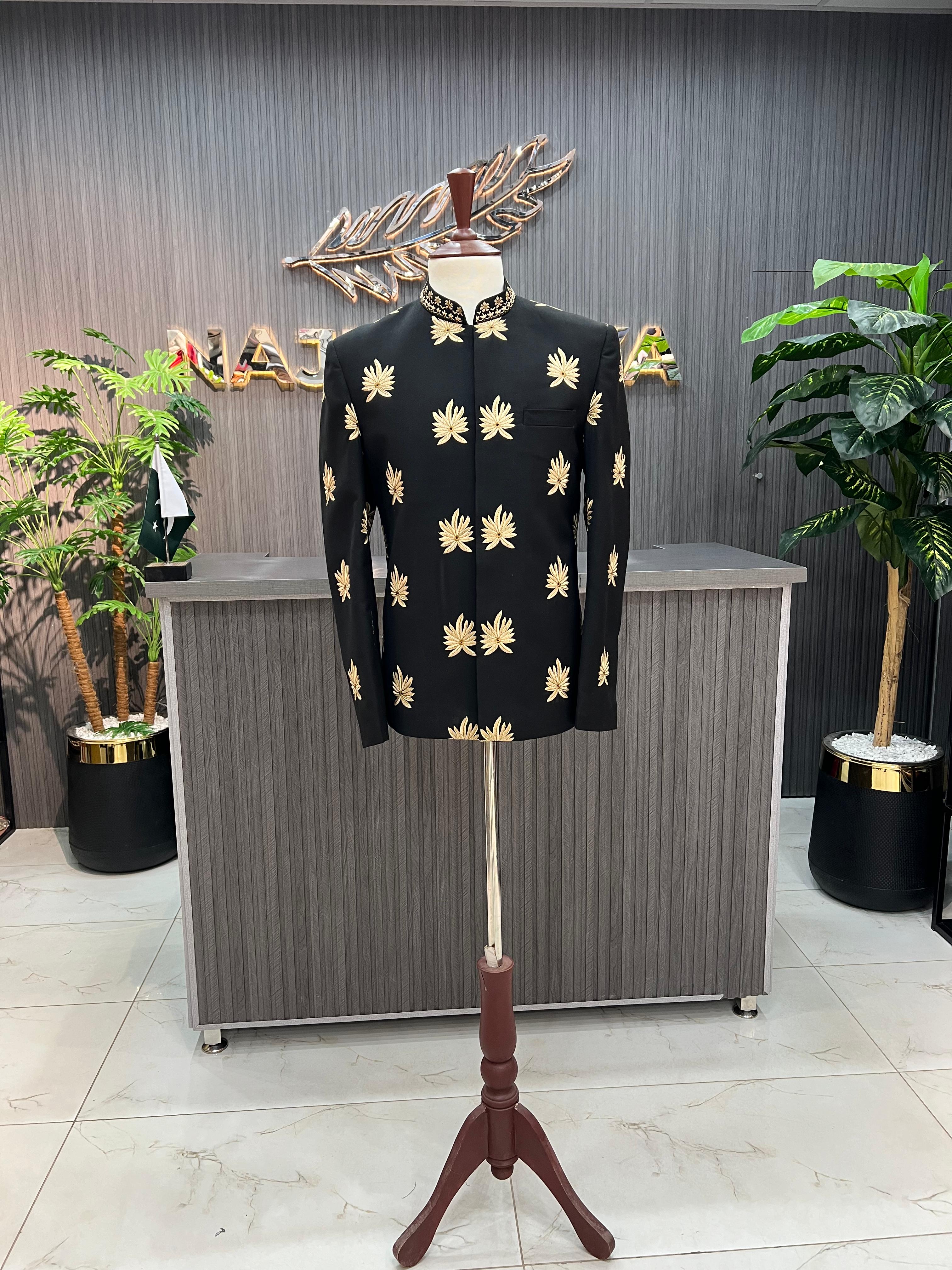 Black & Golden Embroidered Prince Coat For Men's Main image