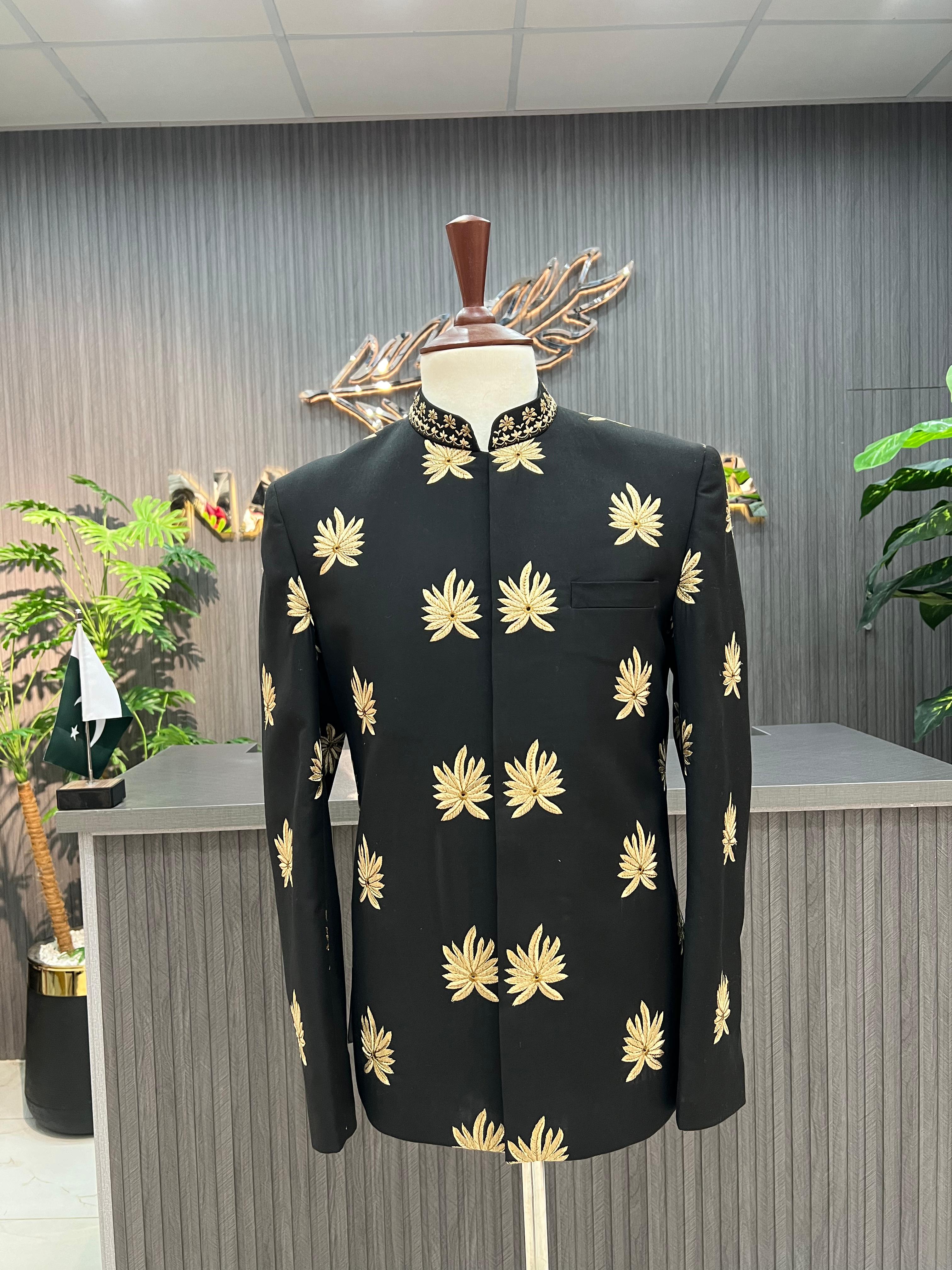Black & Golden Embroidered Prince Coat For Men's Secondary image