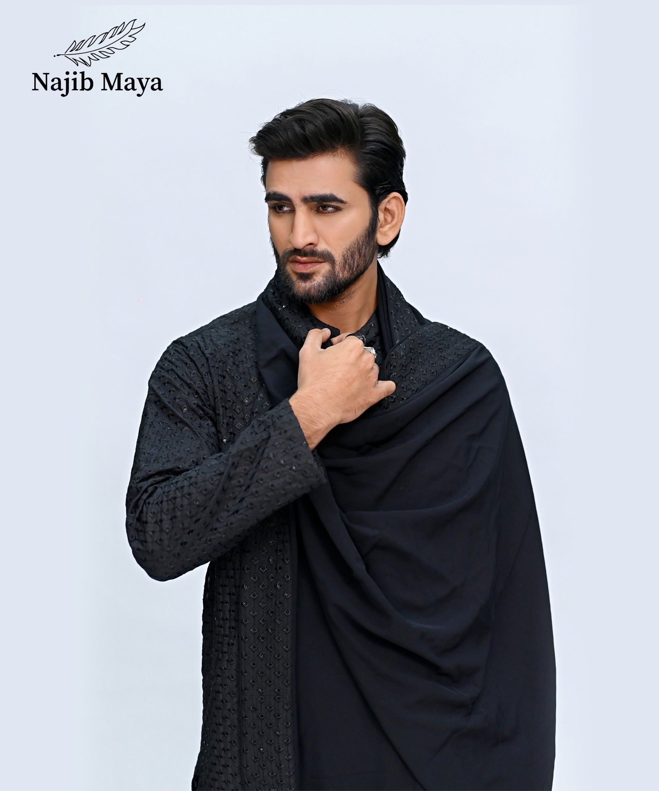 Black Embroidery Kurta Pajama + Shawl For Men's