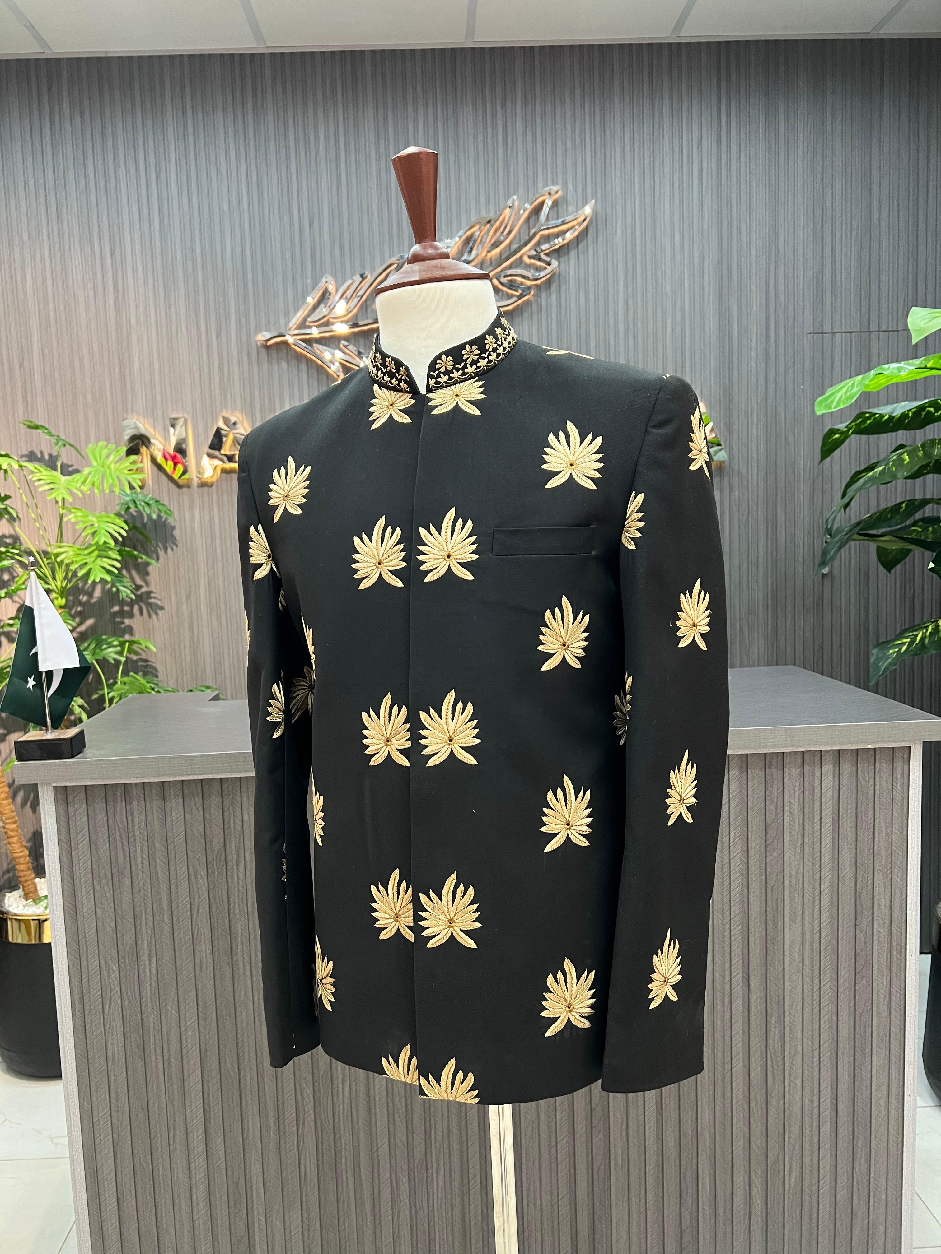 Black & Golden Embroidered Prince Coat For Men's