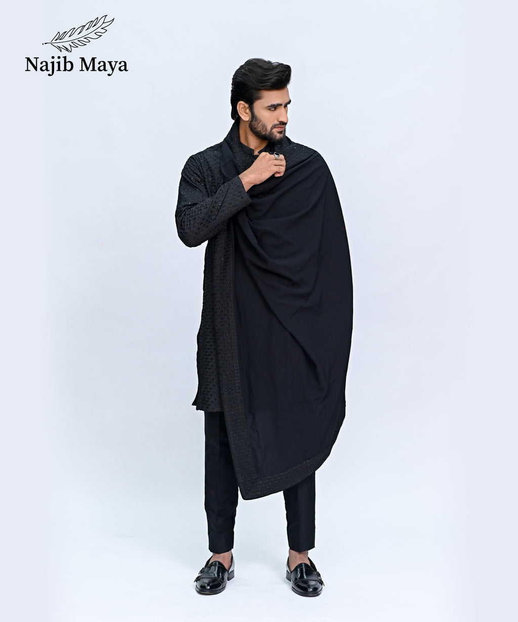 Black Embroidery Kurta Pajama + Shawl For Men's