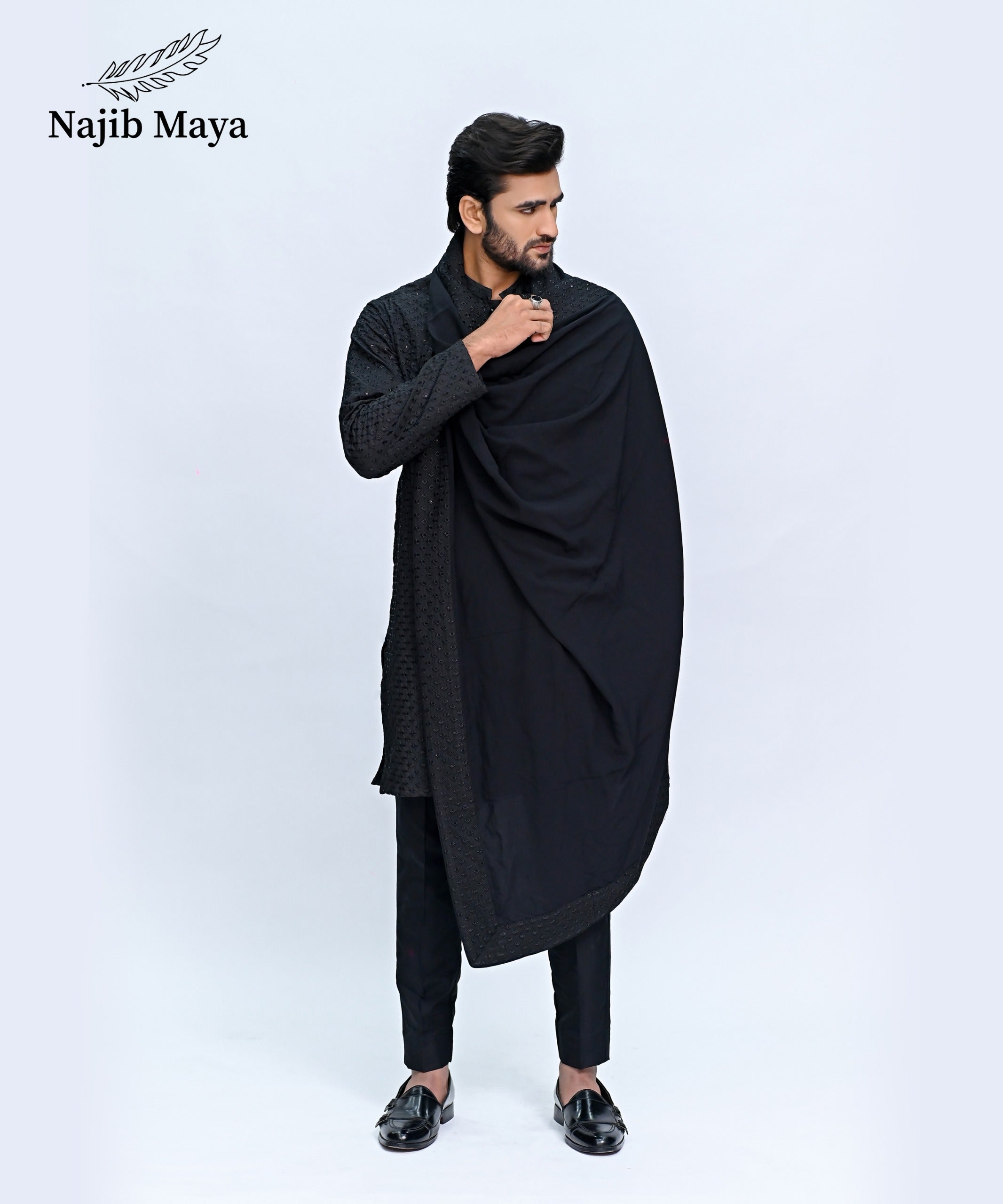 Black Embroidery Kurta Pajama + Shawl For Men's