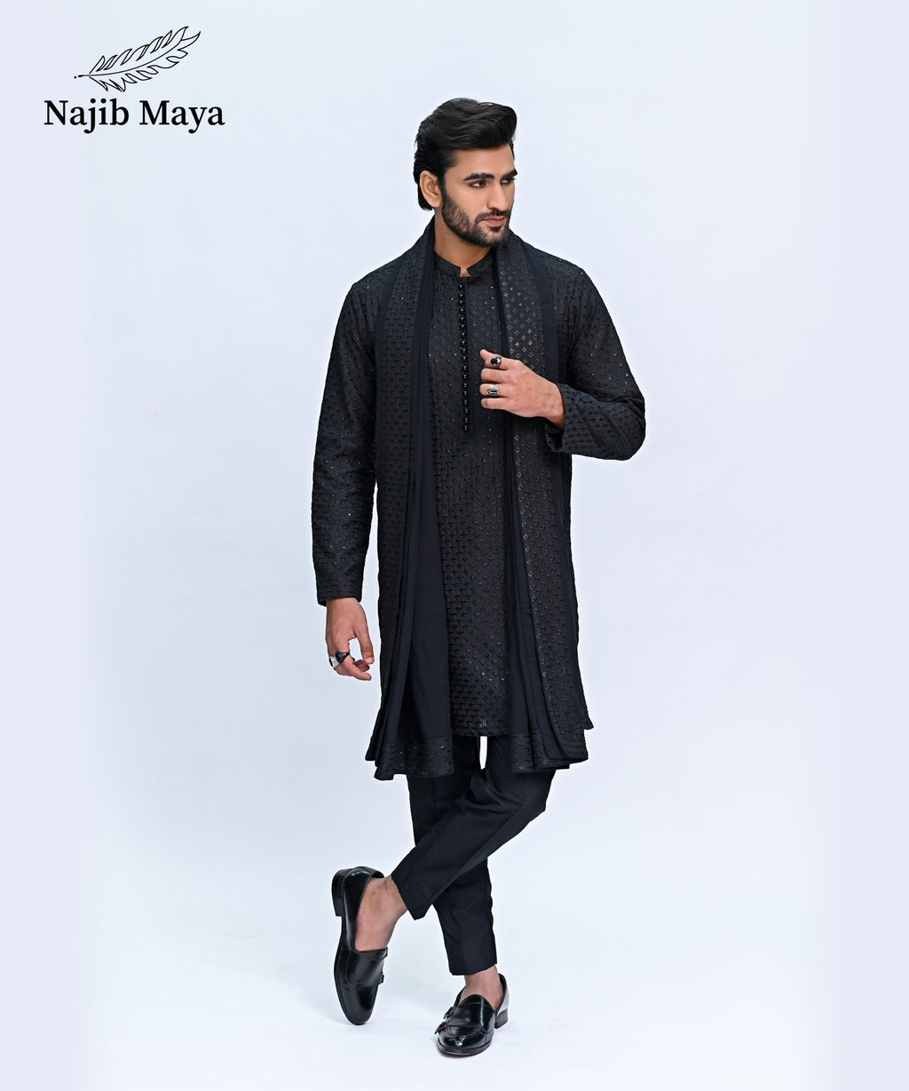 Black Embroidery Kurta Pajama + Shawl For Men's