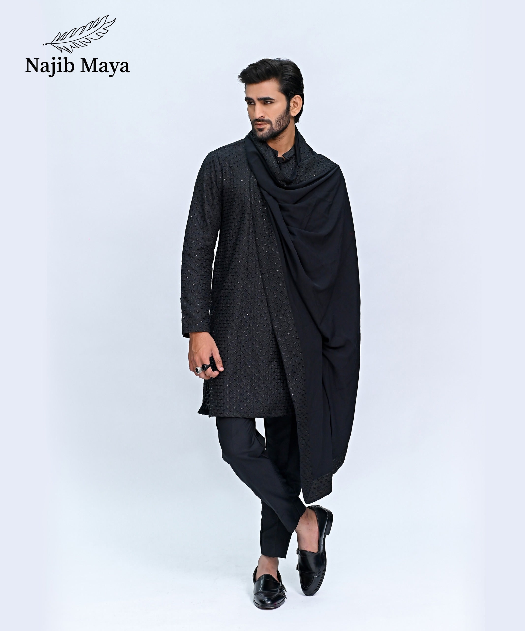 Black Embroidery Kurta Pajama + Shawl For Men's Secondary image